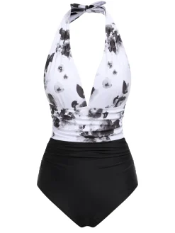 Outlet Retro Stage [US Warehouse] White 1940s Chinese Paint Halter Swimsuit White & Black