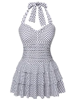 Hot Retro Stage [US Warehouse] 1940s Polka Dot Halter Skirted Swimsuit White
