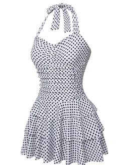 Hot Retro Stage [US Warehouse] 1940s Polka Dot Halter Skirted Swimsuit White
