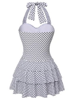 Hot Retro Stage [US Warehouse] 1940s Polka Dot Halter Skirted Swimsuit White
