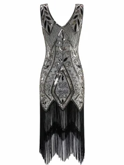 Clearance Retro Stage [US Warehouse] 1920s Sequined Fringe Dress White