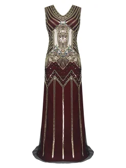 Best Retro Stage [US Warehouse] 1920s Sequin Flapper Maxi Dress Wine Red