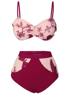Best Retro Stage [US Warehouse] 1950s Spaghetti Strap Butterflies Swimsuit Wine Red
