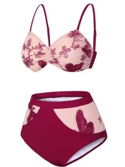Best Retro Stage [US Warehouse] 1950s Spaghetti Strap Butterflies Swimsuit Wine Red
