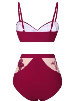 Best Retro Stage [US Warehouse] 1950s Spaghetti Strap Butterflies Swimsuit Wine Red