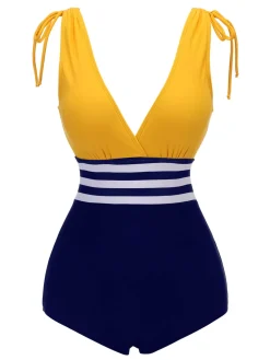 Sale Retro Stage [US Warehouse] Yellow & Blue 1950s Striped Lace-Up Swimsuit Yellow & Navy Blue