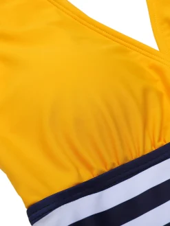 Sale Retro Stage [US Warehouse] Yellow & Blue 1950s Striped Lace-Up Swimsuit Yellow & Navy Blue