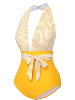 Outlet Retro Stage [US Warehouse] 1950s Halter Striped Patchwork Swimsuit Yellow