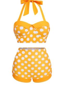New Retro Stage [US Warehouse] 1950s Polka Dots Halter Bikini Set Yellow