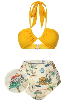 Best Retro Stage [US Warehouse] Yellow 1970s Retro Architectural Pattern Halter Swimsuit Multicolor