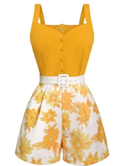 Sale Retro Stage [US Warehouse] 1950s Spaghetti Strap Floral Romper Yellow