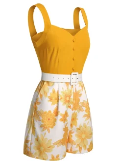 Sale Retro Stage [US Warehouse] 1950s Spaghetti Strap Floral Romper Yellow