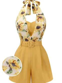 Outlet Retro Stage [US Warehouse] 1950s Sunflower Halter Romper Yellow