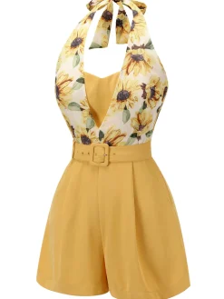 Outlet Retro Stage [US Warehouse] 1950s Sunflower Halter Romper Yellow