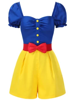 Clearance Retro Stage [US Warehouse] 1950s Sweetheart Collar Bow Belt Romper Yellow