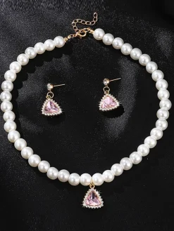 Fashion Retro Stage Valentine Imitation Pearl Necklace & Rhinestoned Earrings Set