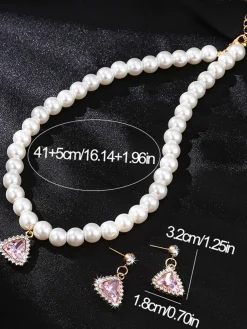 Fashion Retro Stage Valentine Imitation Pearl Necklace & Rhinestoned Earrings Set