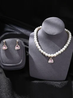 Fashion Retro Stage Valentine Imitation Pearl Necklace & Rhinestoned Earrings Set