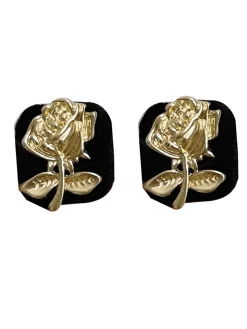 Online Retro Stage Vintage Black & Gold Cubic Flower Earrings
