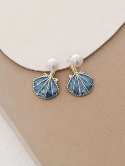 Hot Retro Stage Vintage Blue Shell Pearl Earrings
