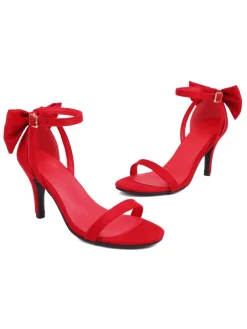 Online Retro Stage Vintage Bow Flannel Buckled Heel Sandals