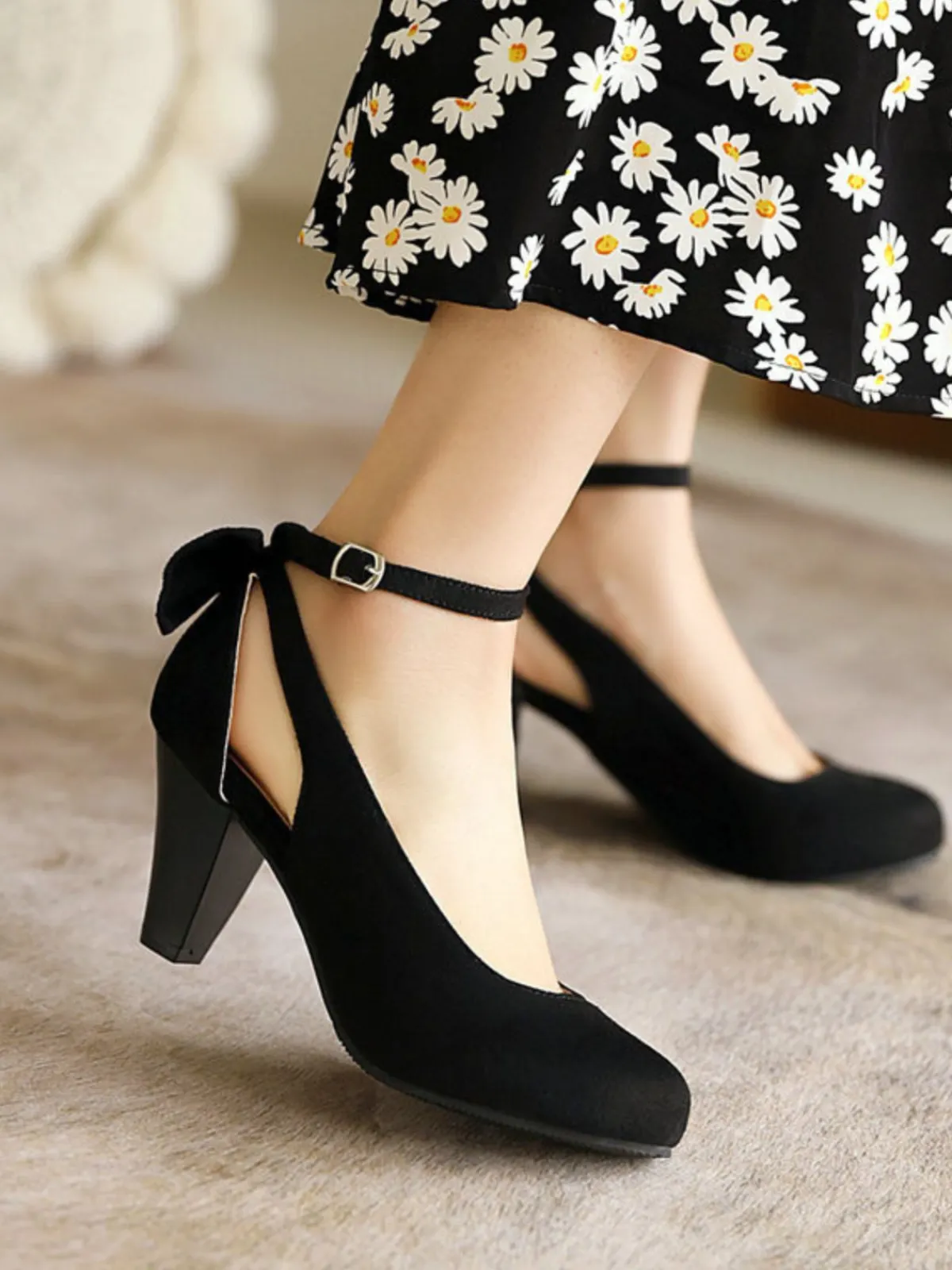 Sale Retro Stage Vintage Bowknot Chunky High Heel Suede Shoes