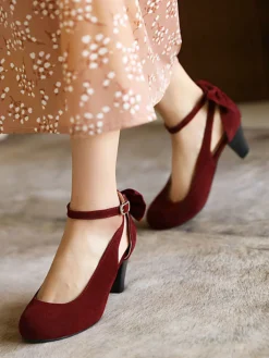 Sale Retro Stage Vintage Bowknot Chunky High Heel Suede Shoes