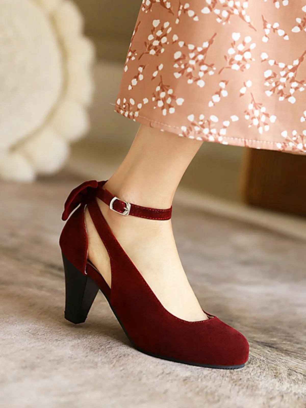 Sale Retro Stage Vintage Bowknot Chunky High Heel Suede Shoes
