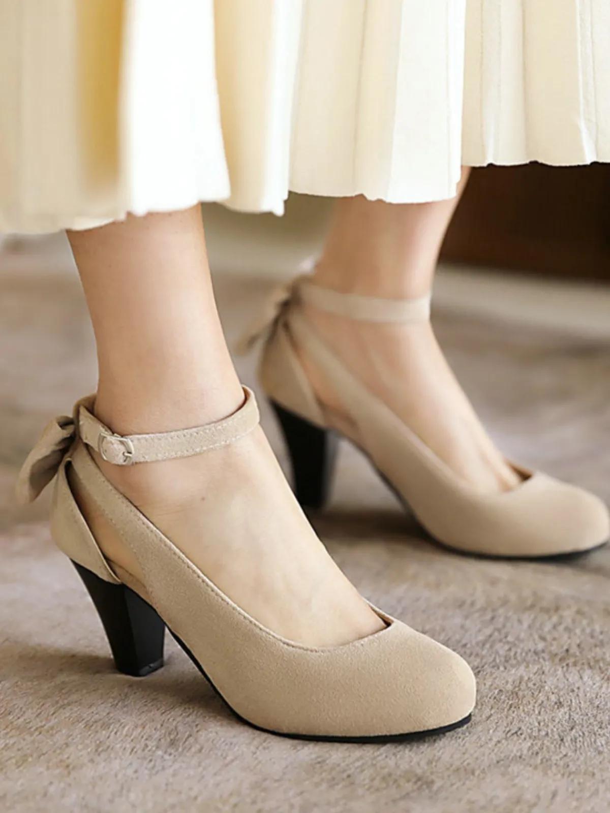 Sale Retro Stage Vintage Bowknot Chunky High Heel Suede Shoes