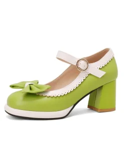 Online Retro Stage Vintage Contrast Bow Mary Jane High Heels