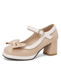 Online Retro Stage Vintage Contrast Bow Mary Jane High Heels