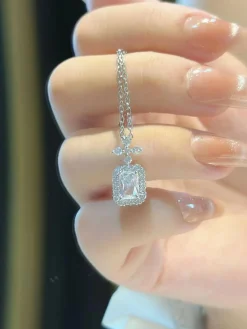 Online Retro Stage Vintage Cross Square Rhinestones Necklace