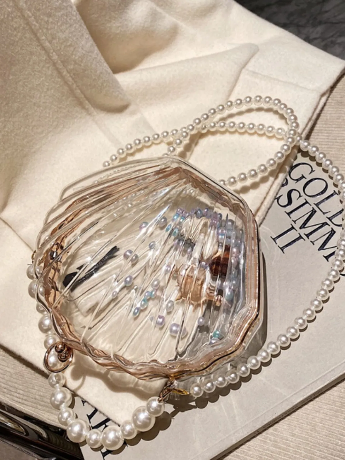 Fashion Retro Stage Vintage 3D Seashell Transparent Pearl Chain Bag