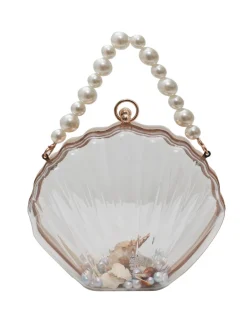 Fashion Retro Stage Vintage 3D Seashell Transparent Pearl Chain Bag