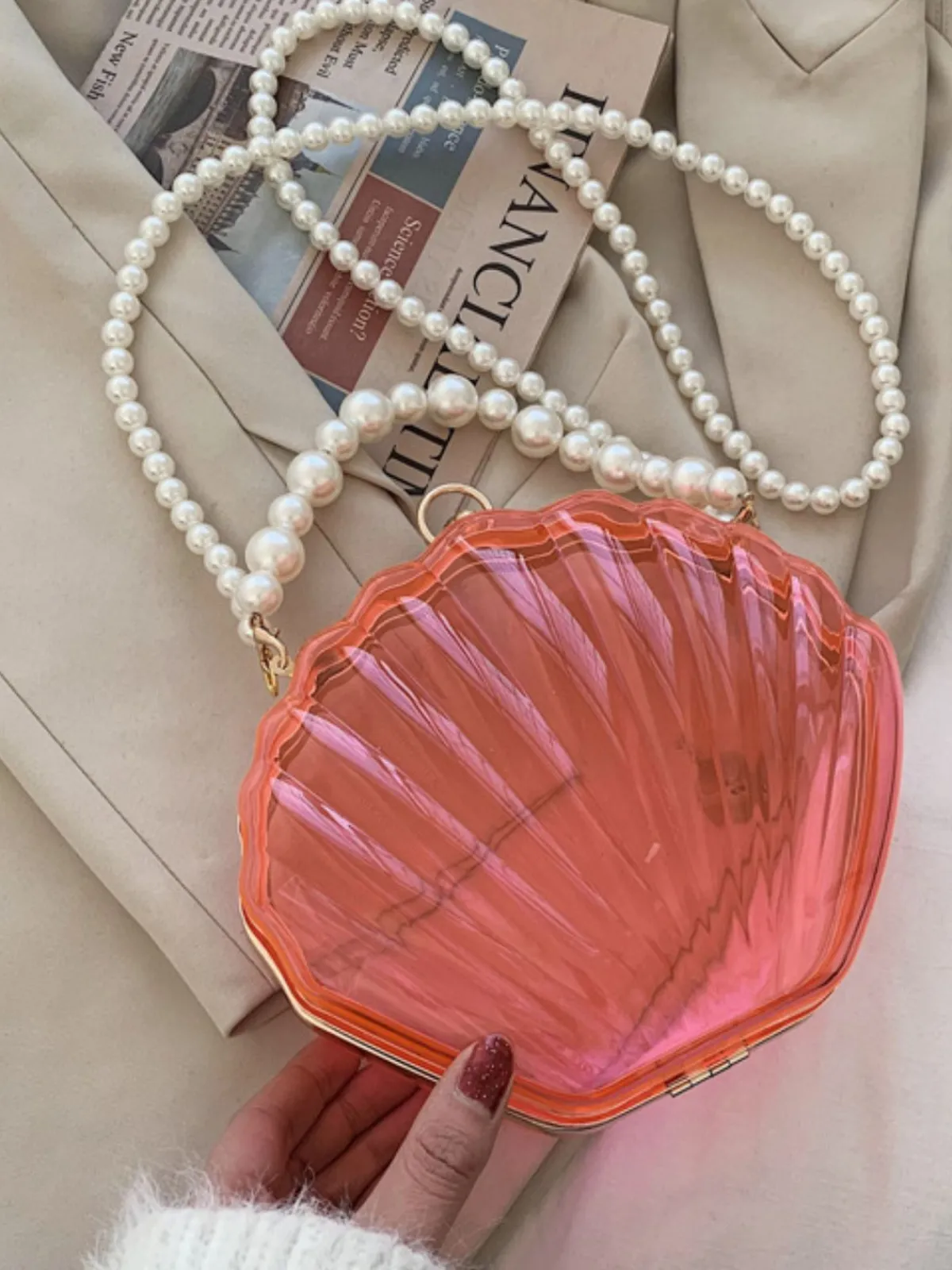Fashion Retro Stage Vintage 3D Seashell Transparent Pearl Chain Bag