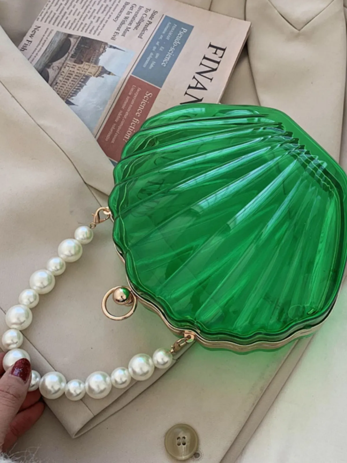 Fashion Retro Stage Vintage 3D Seashell Transparent Pearl Chain Bag