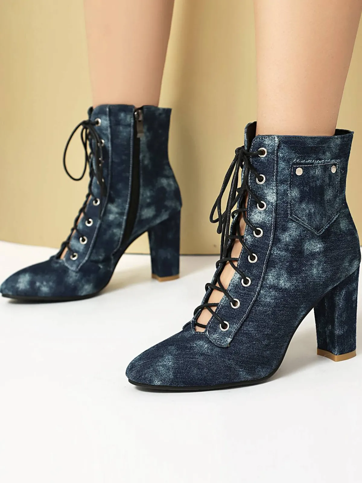 Sale Retro Stage Vintage Denim Lace-Up High Heel Boots