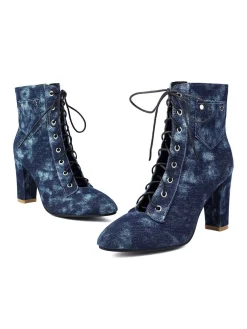 Sale Retro Stage Vintage Denim Lace-Up High Heel Boots