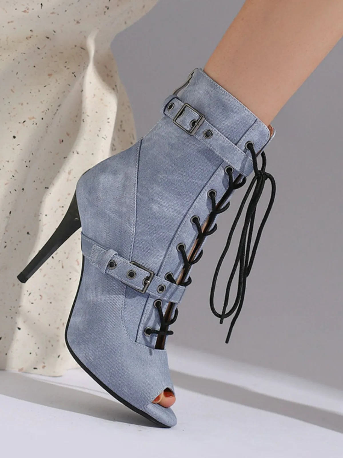 Clearance Retro Stage Vintage Denim Peep Toe Stiletto Heel Shoes