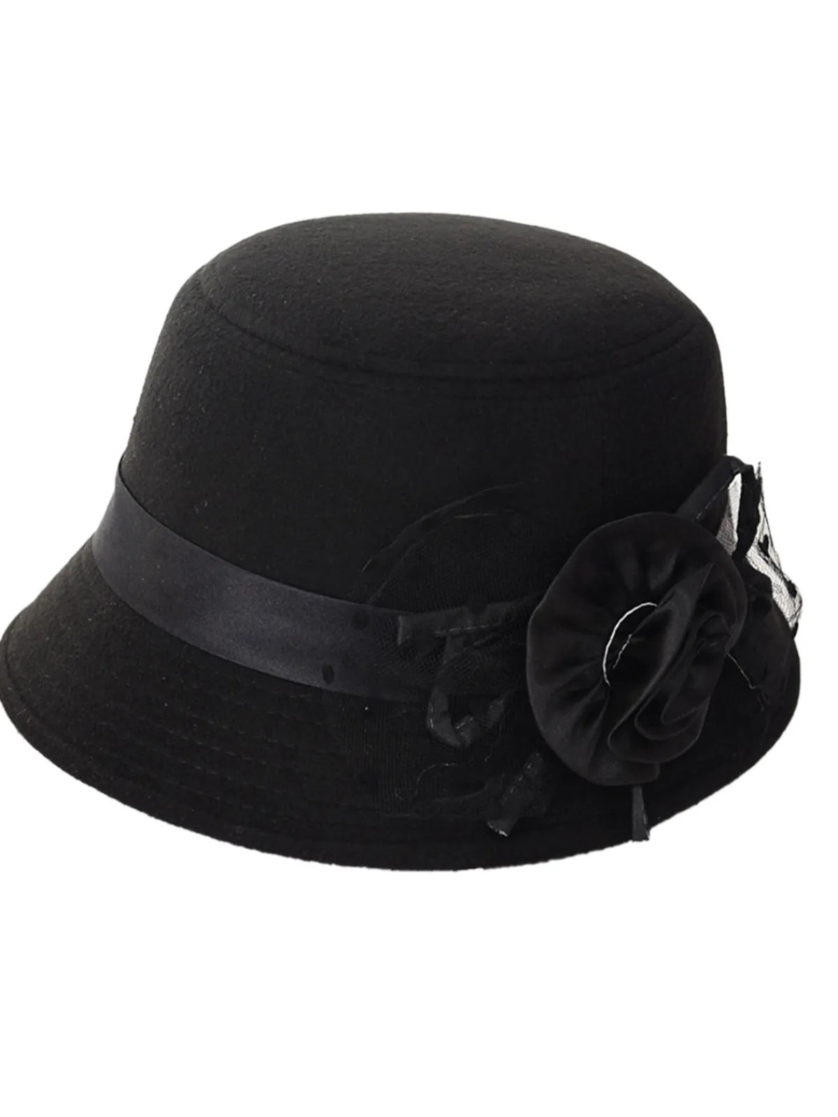 Online Retro Stage Vintage Dots Sheer Floral Felt Cloche Hat