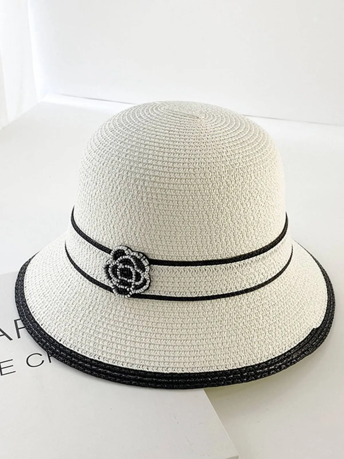 Sale Retro Stage Vintage Elegant Camellia Contrast Straw Hat