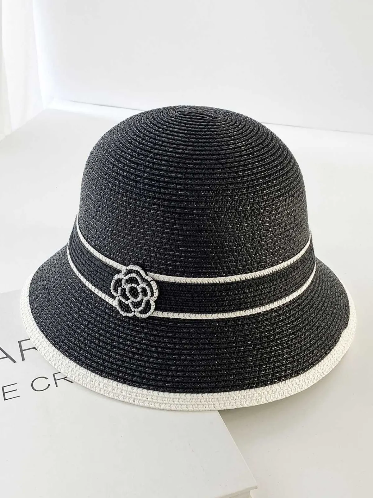 Sale Retro Stage Vintage Elegant Camellia Contrast Straw Hat