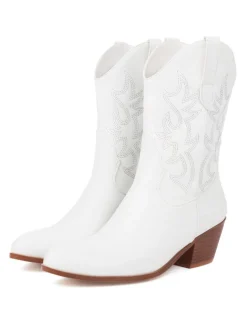 Sale Retro Stage Vintage Embroidered Chunky Heel Cowboy Boots