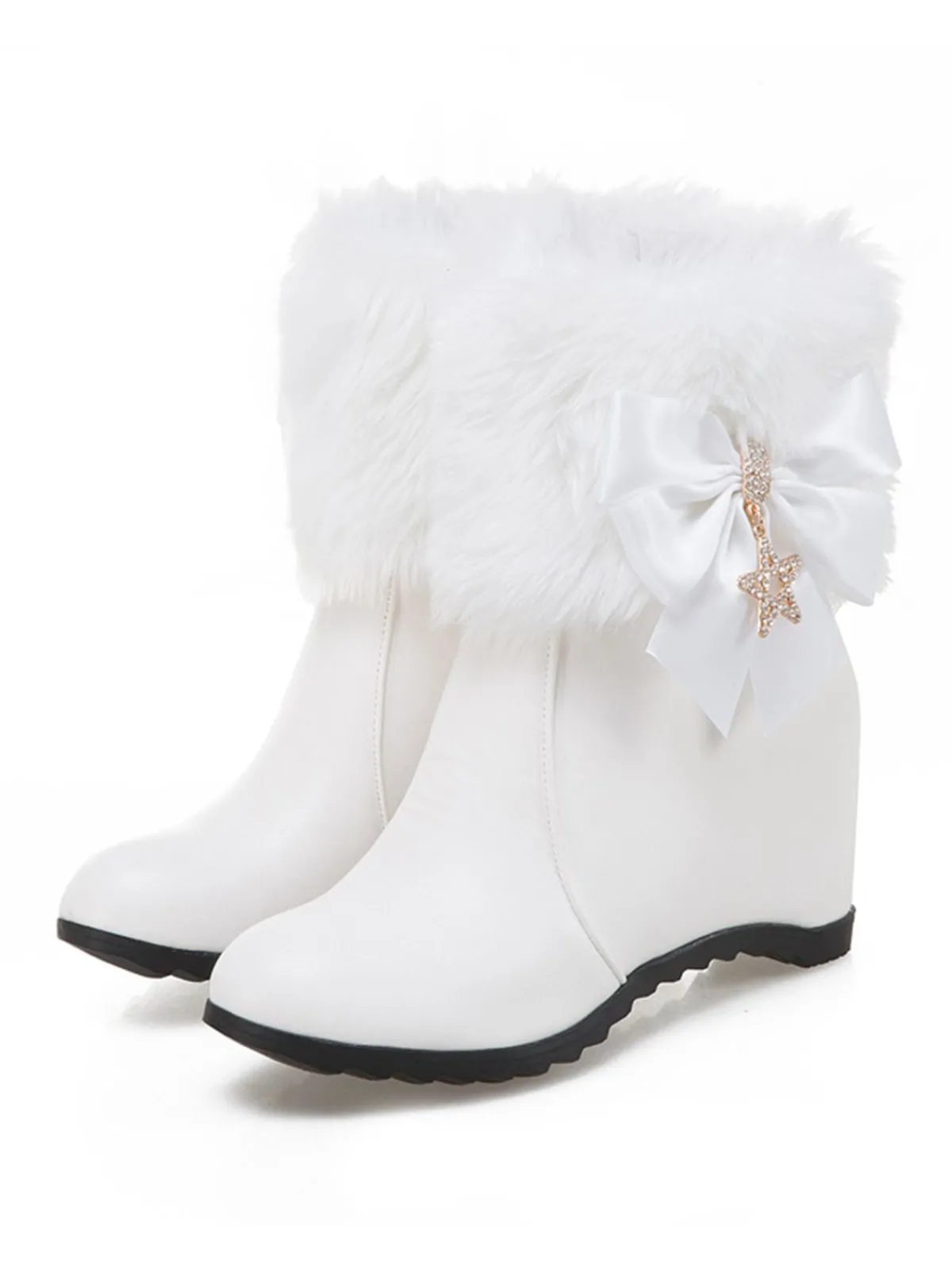 Discount Retro Stage Vintage Faux Fur Bowknot Star Decor Wedge Boots