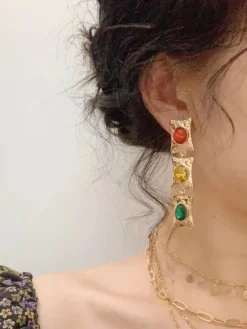 Online Retro Stage Vintage Gold Baroque Colored Gemstone Earrings