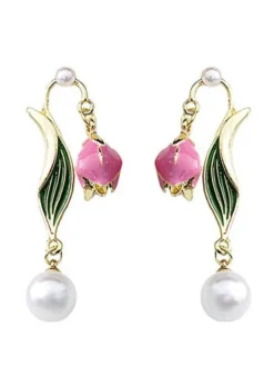 Fashion Retro Stage Vintage Gold Edge Tulip Pearl Earrings
