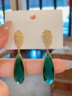 Discount Retro Stage Vintage Gold Green Craystal Drop Earrings