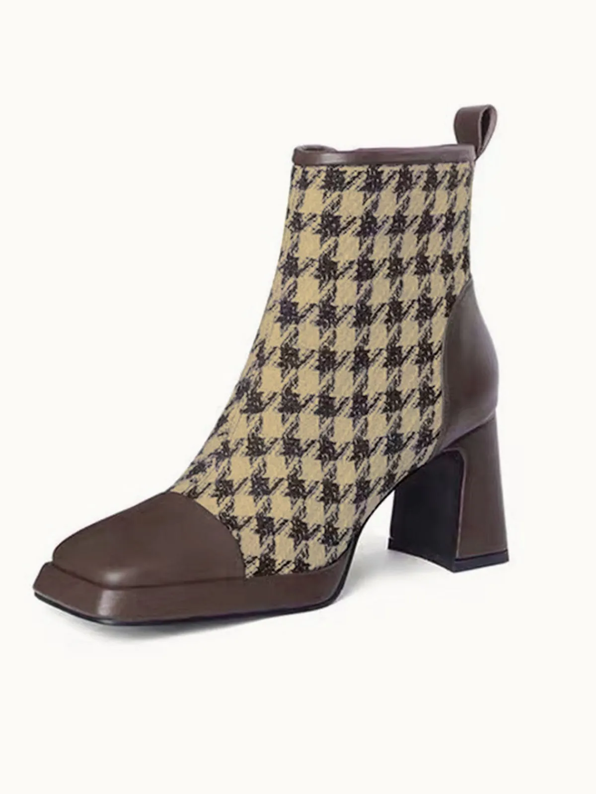 New Retro Stage Vintage Houndstooth Chunky Heel Ankle Boots Brown