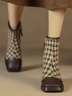 New Retro Stage Vintage Houndstooth Chunky Heel Ankle Boots Brown