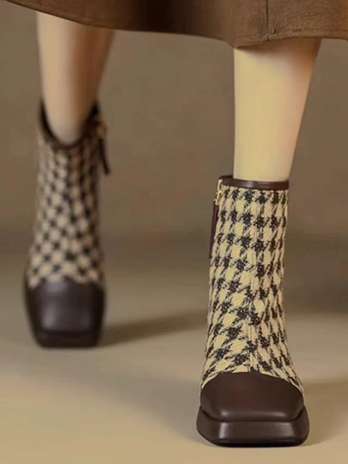 New Retro Stage Vintage Houndstooth Chunky Heel Ankle Boots Brown